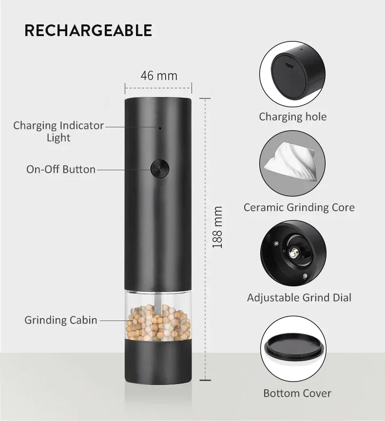 USB Rechargeable Electric Salt and Pepper Grinder