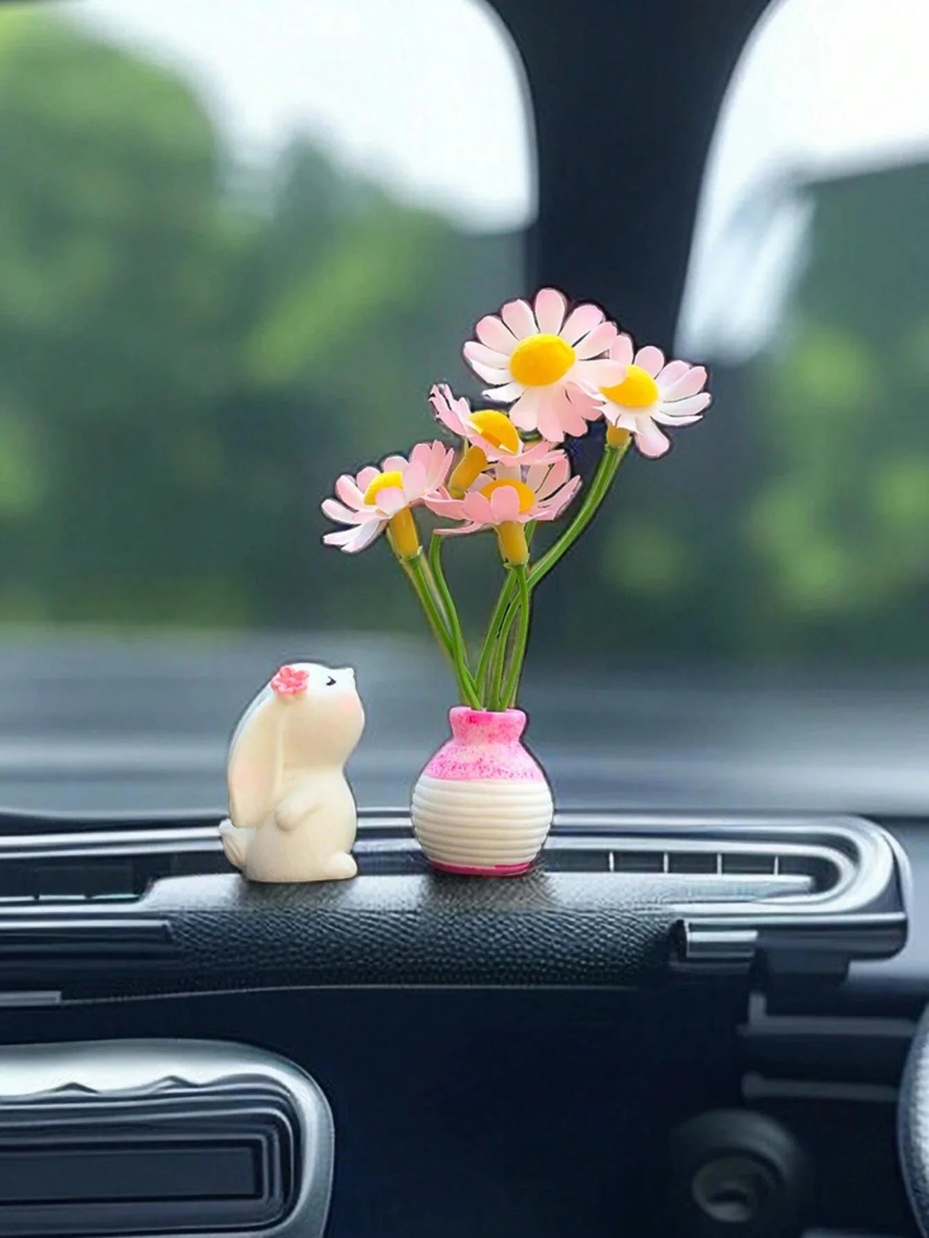 1PC car interior decoration ornaments, cute little bunnies and flowers, and interior atmosphere decoration