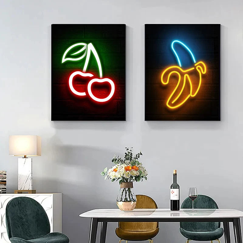 Pineapple Strawberry Banana Peach Fruit Neon Sign Poster Canvas Painting Print Wall Pictures Restaurant Kitchen Bar Room Decor