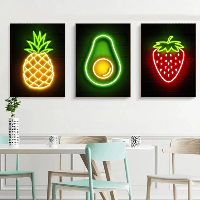 Pineapple Strawberry Banana Peach Fruit Neon Sign Poster Canvas Painting Print Wall Pictures Restaurant Kitchen Bar Room Decor