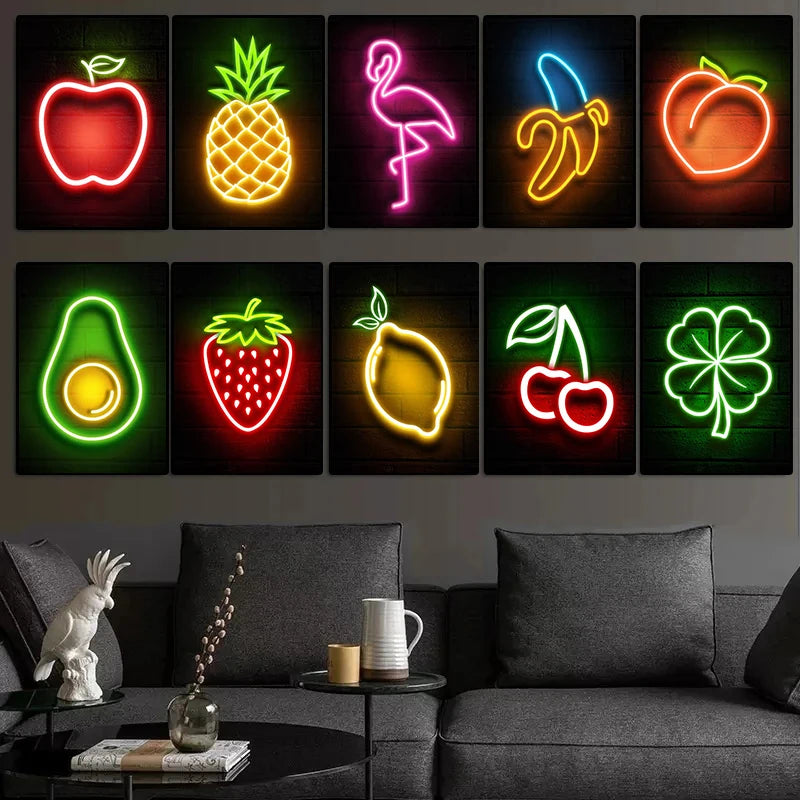 Pineapple Strawberry Banana Peach Fruit Neon Sign Poster Canvas Painting Print Wall Pictures Restaurant Kitchen Bar Room Decor