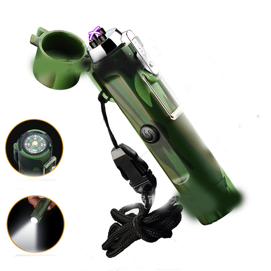 Outdoor Travel Compass Rechargeable Lighter Tube Waterproof Lighter in green color with compass and flashlight features.