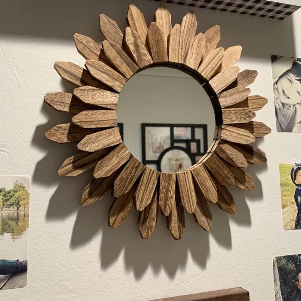 Mirror Wall Decor 12 inch Rustic Wood Boho Aesthetic Mirror for Room & Home Decor Farmhouse Wall Decor at Living Room Bedroom