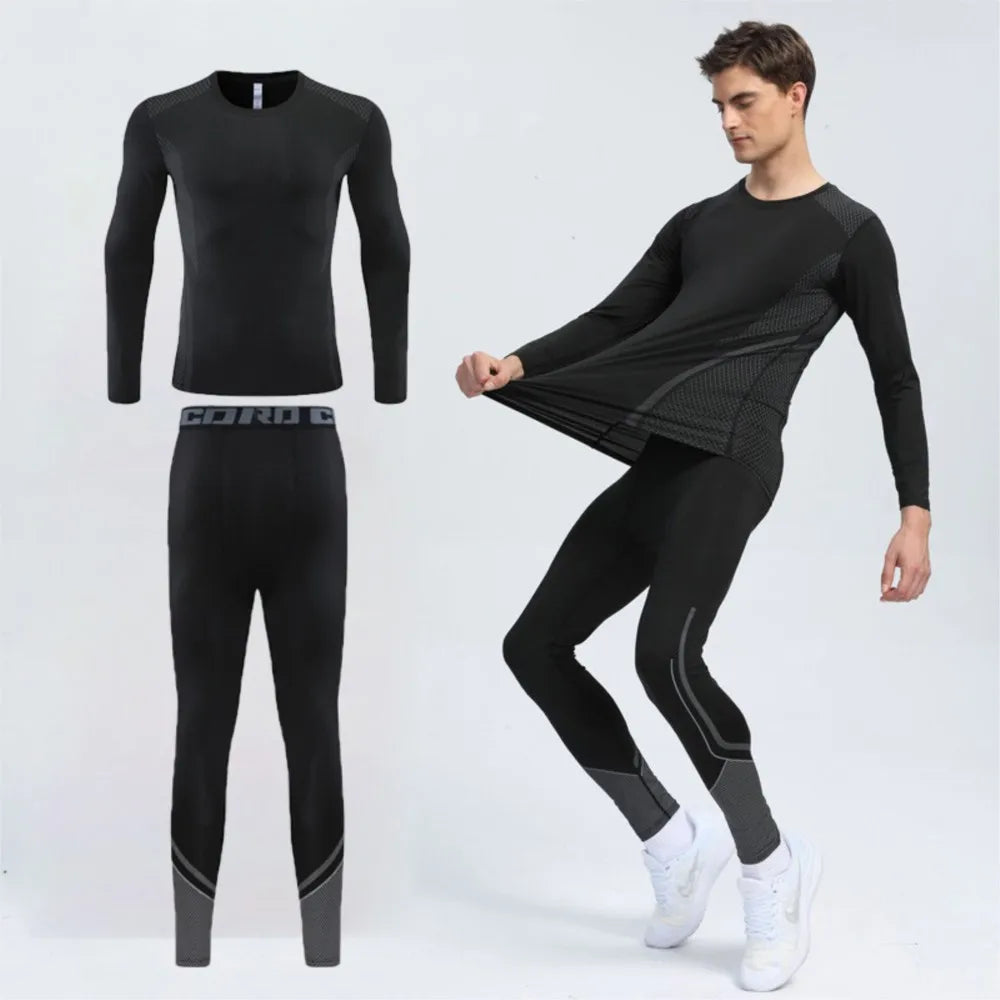 Men Long Sleeve Tracksuits GYM Fitness Tee + Leggings Men's Sport Running Set Yoga Skiing Basketball Football Clothes Suit 102