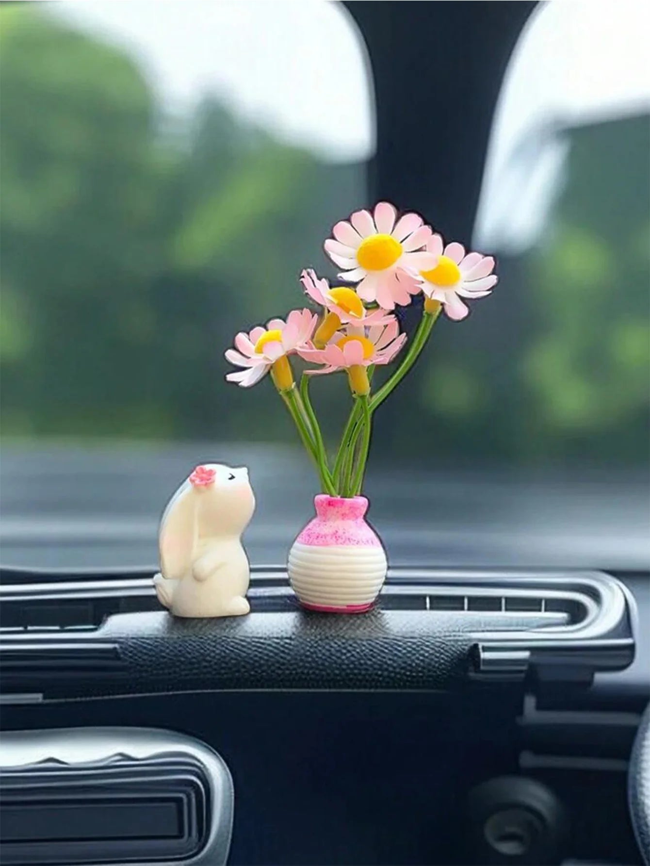 1PC car interior decoration ornaments, cute little bunnies and flowers, and interior atmosphere decoration
