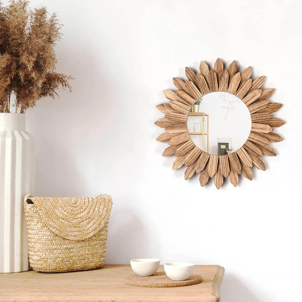 Mirror Wall Decor 12 inch Rustic Wood Boho Aesthetic Mirror for Room & Home Decor Farmhouse Wall Decor at Living Room Bedroom